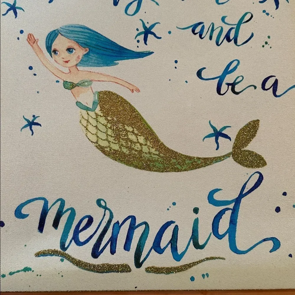 Art Mermaid Wrapped Canvas Wall Art Glitter Sides 12” x 12” Beach Coastal